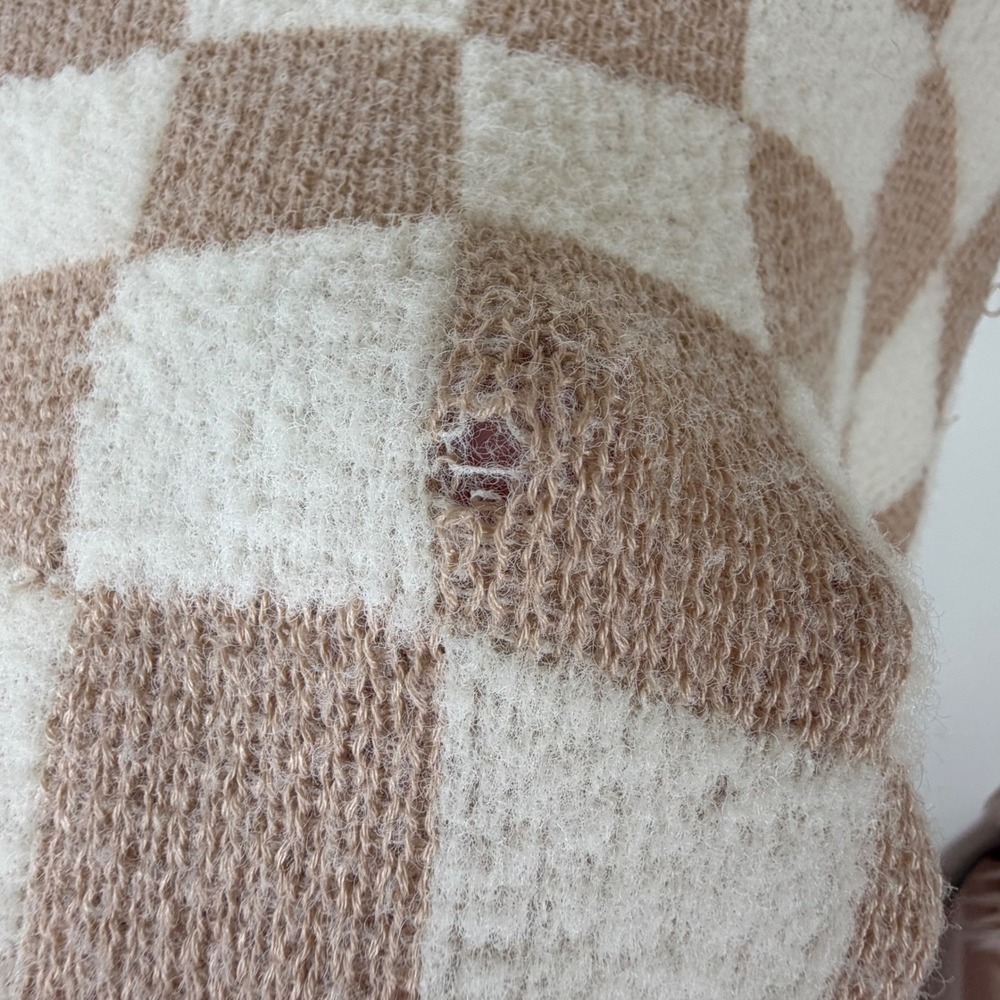Debut Small Checkerboard Knit Sweater Tan Cream Y2K Indie Skater Pullover - Picture 3 of 7